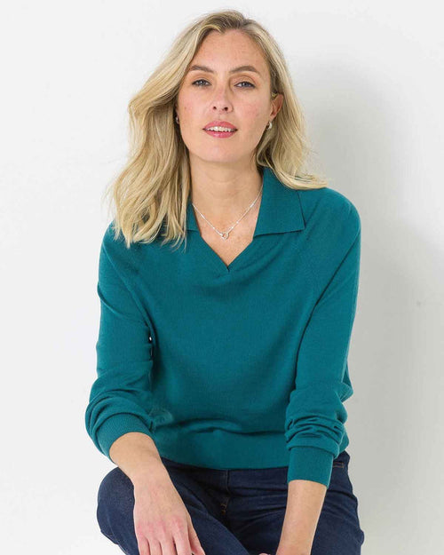 Merino Collared V Neck Jumper - Teal - The Classic Boutique