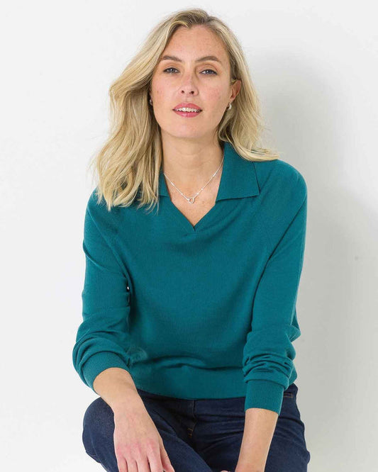 Merino Collared V Neck Jumper - Teal - The Classic Boutique