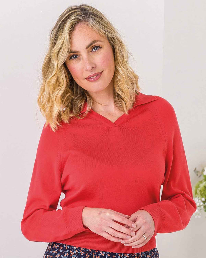 Merino Collared V Neck Jumper - Watermelon - The Classic Boutique