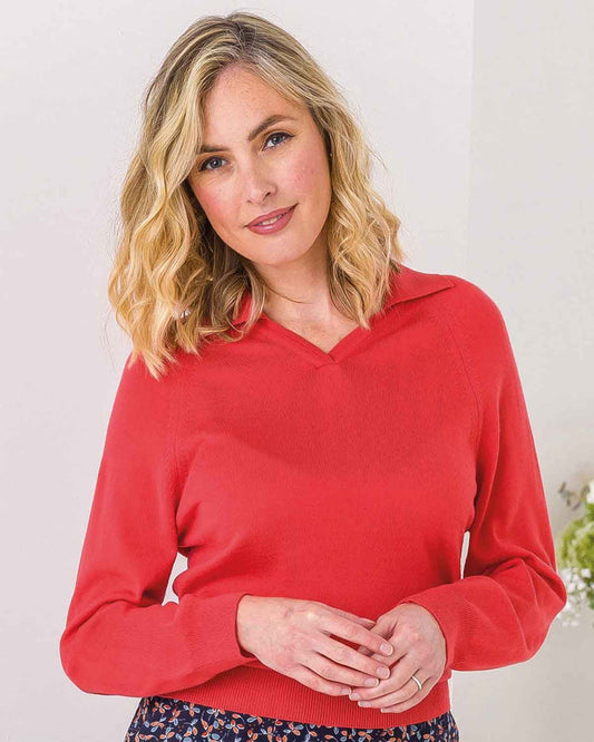 Merino Collared V Neck Jumper - Watermelon - The Classic Boutique