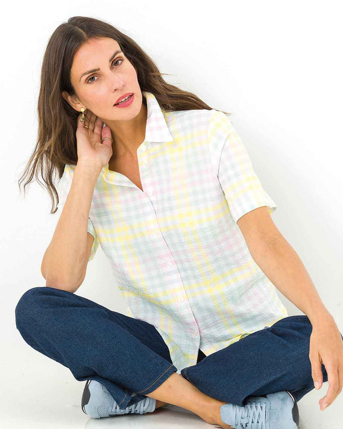 Merrill Checked Cotton Mix Short Sleeve Blouse - James Meade