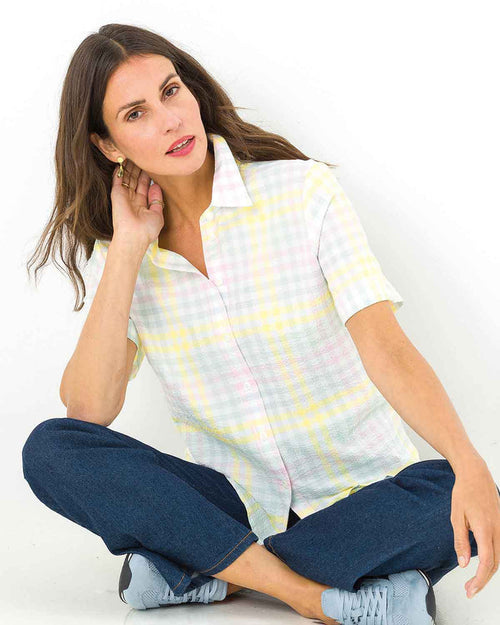 Merrill Checked Cotton Mix Short Sleeve Blouse - James Meade