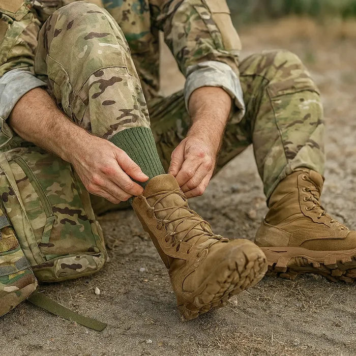 Person in military uniform wearing Sub Zero military wool walking socks with combat boots
