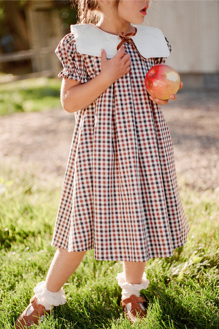 A young child stands on grass, holding a large apple while wearing the Ivy City Co Mini Emery Dress in Chestnut Gingham. The dress features puff sleeves and a white collar. The child's face is partially out of frame, with sunlight casting soft shadows over the scene.