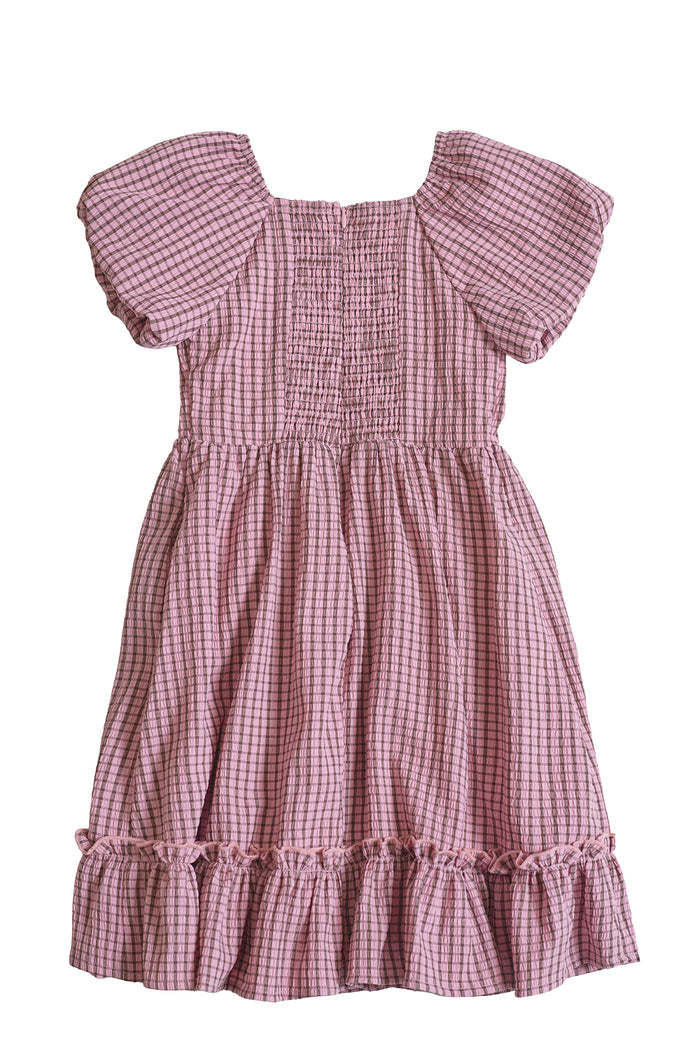 The Mini Monica Dress in Pink & Brown Gingham by Ivy City Co features a smocked bodice, puffed sleeves, ruffled hem, square neckline, gathered skirt, and a relaxed, lightweight fit for girls.