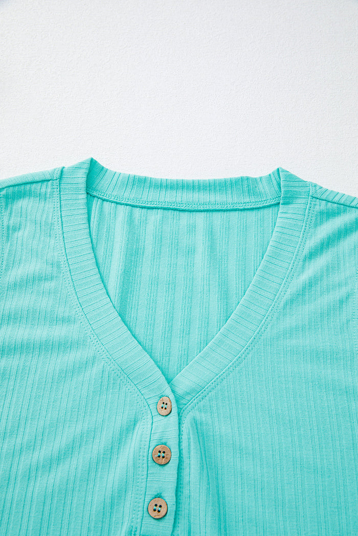Mint Green Ribbed Button V Neck Tank Top and Shorts Set - Two Piece Sets/Short Sets