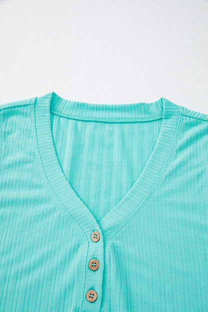 Mint Green Ribbed Button V Neck Tank Top and Shorts Set - Two Piece Sets/Short Sets