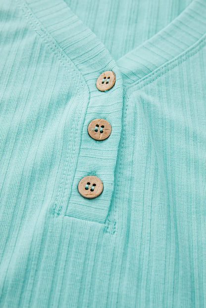 Mint Green Ribbed Button V Neck Tank Top and Shorts Set - Two Piece Sets/Short Sets