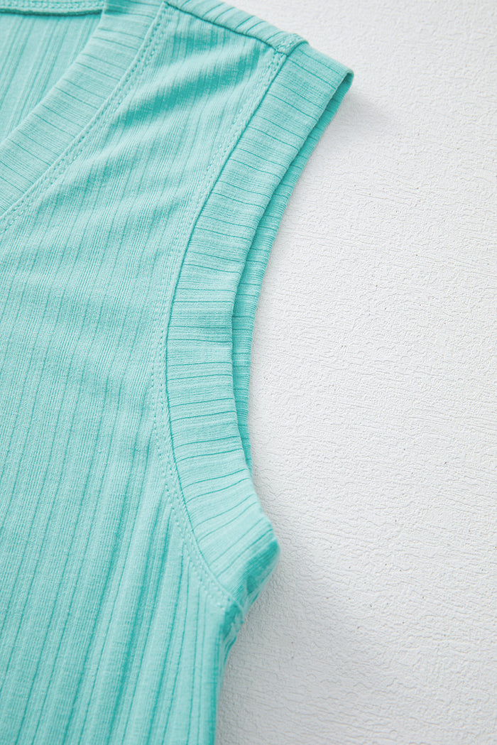 Mint Green Ribbed Button V Neck Tank Top and Shorts Set - Two Piece Sets/Short Sets