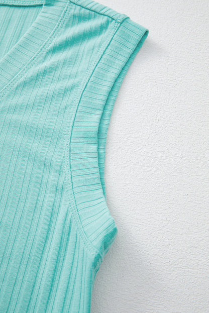 Mint Green Ribbed Button V Neck Tank Top and Shorts Set - Two Piece Sets/Short Sets