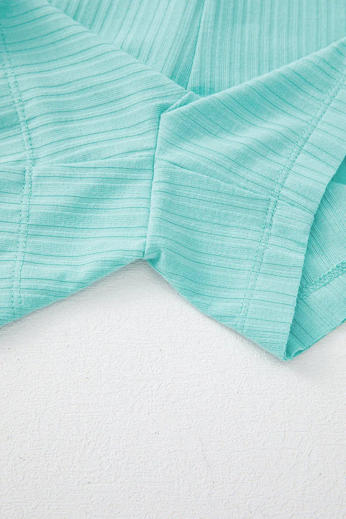 Mint Green Ribbed Button V Neck Tank Top and Shorts Set - Two Piece Sets/Short Sets