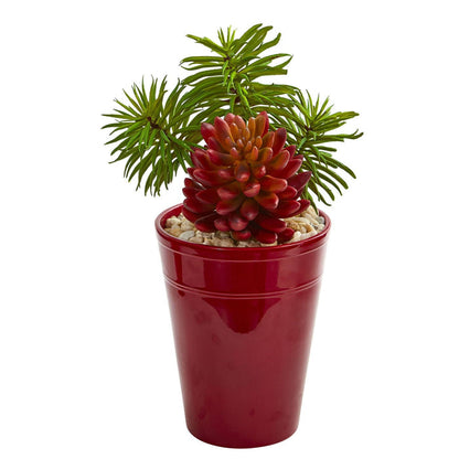 Mixed Succulents Artificial Plant in Burgundy Vase (Set of 2)