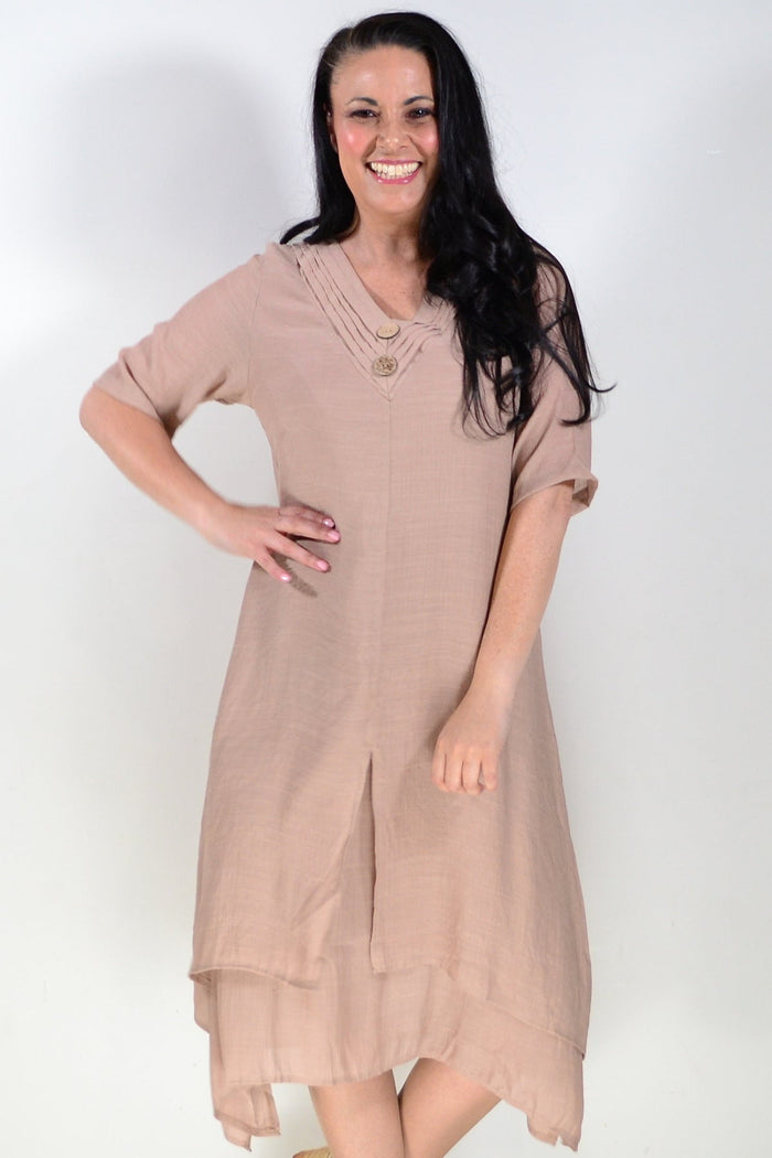 Light mocha-colored summer tunic dress by La Mode, featuring a relaxed fit with short sleeves and a flowy fabric.
