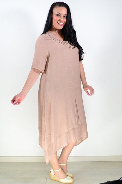 La Mode mocha summer tunic dress with lightweight fabric and relaxed fit, displayed on a hanger.