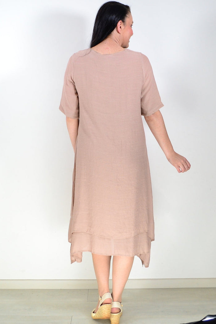 La Mode mocha summer tunic dress displayed on a hanger, featuring lightweight fabric and a relaxed fit for warm weather.