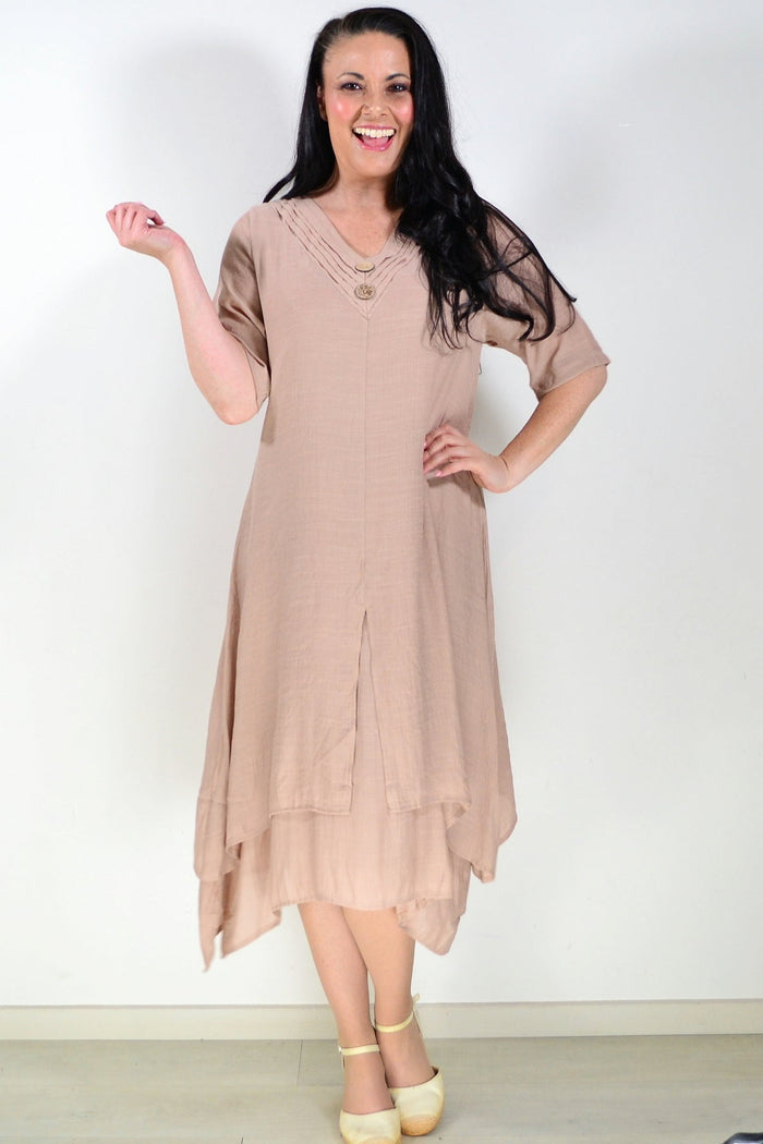 La Mode Mocha Summer Tunic Dress, lightweight fabric with short sleeves and a relaxed fit, displayed on a hanger.
