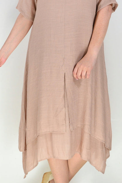 Light mocha summer tunic dress from La Mode featuring a relaxed fit and sleeveless design, styled for warm weather.