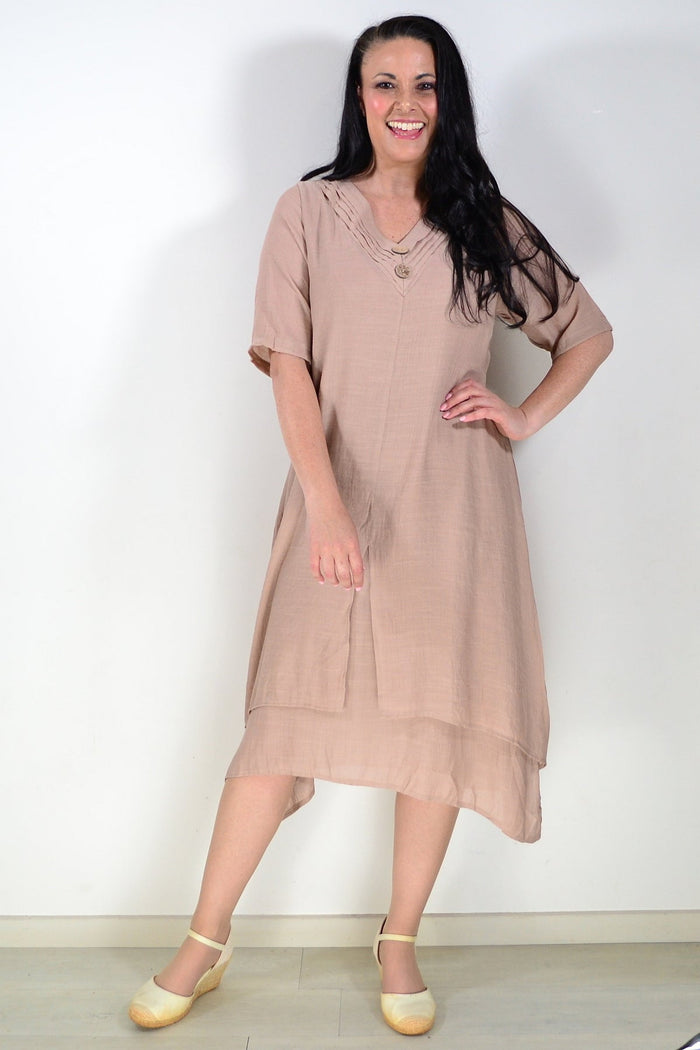 La Mode mocha summer tunic dress hanging on a wooden hanger, featuring lightweight fabric and casual fit.