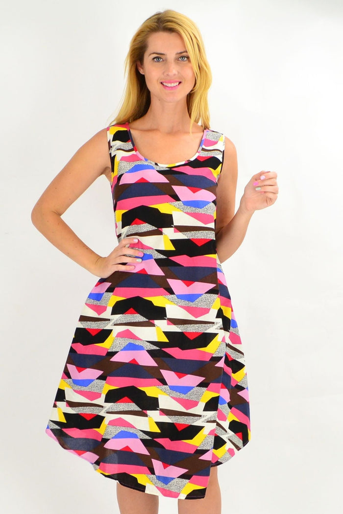 Colorful sleeveless Modern Art Linen Cotton Tunic Dress by Ruby Rain, featuring vibrant abstract patterns and a relaxed fit.