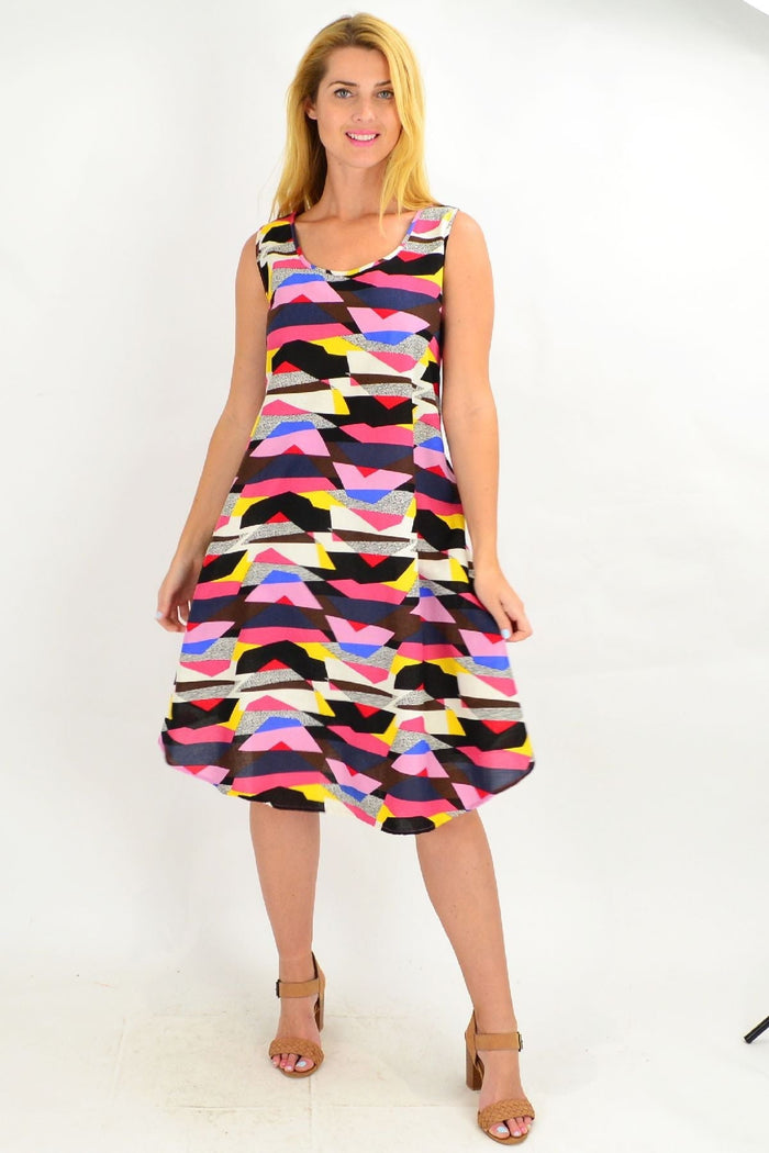 Colorful sleeveless Modern Art linen and cotton tunic dress by Ruby Rain, featuring vibrant abstract patterns and a relaxed fit.