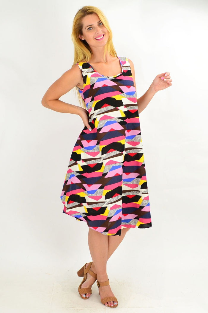 Colorful sleeveless Modern Art linen cotton tunic dress by Ruby Rain with vibrant abstract patterns and a relaxed fit.