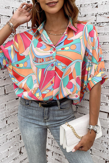 MultiColour Abstract Geometry Print Half Puff Sleeve Loose Shirt - MULTICOLOR / S / 100% POLYESTER - Tops/Blouses &