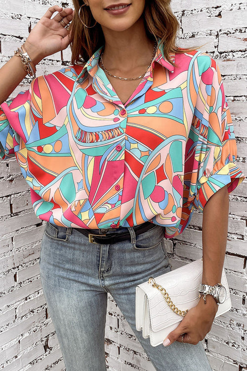 MultiColour Abstract Geometry Print Half Puff Sleeve Loose Shirt - MULTICOLOR / S / 100% POLYESTER - Tops/Blouses &