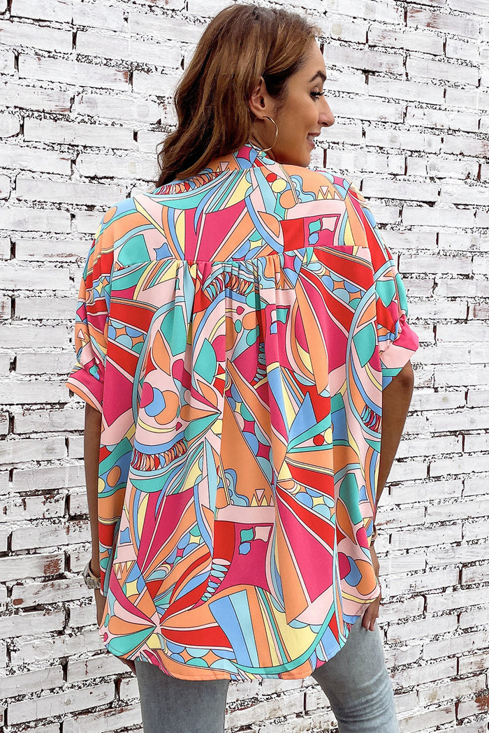 MultiColour Abstract Geometry Print Half Puff Sleeve Loose Shirt - Tops/Blouses & Shirts