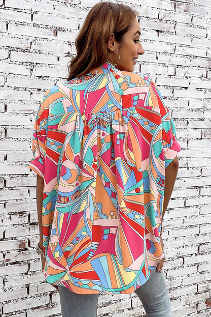 MultiColour Abstract Geometry Print Half Puff Sleeve Loose Shirt - Tops/Blouses & Shirts