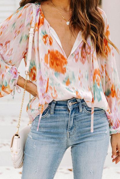 MultiColour Abstract Print Split Neck Puff Sleeve Blouse - MULTICOLOR / S / 100% POLYESTER - Tops/Blouses & Shirts