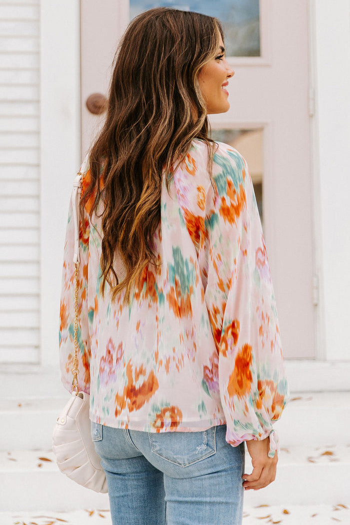 MultiColour Abstract Print Split Neck Puff Sleeve Blouse - Tops/Blouses & Shirts