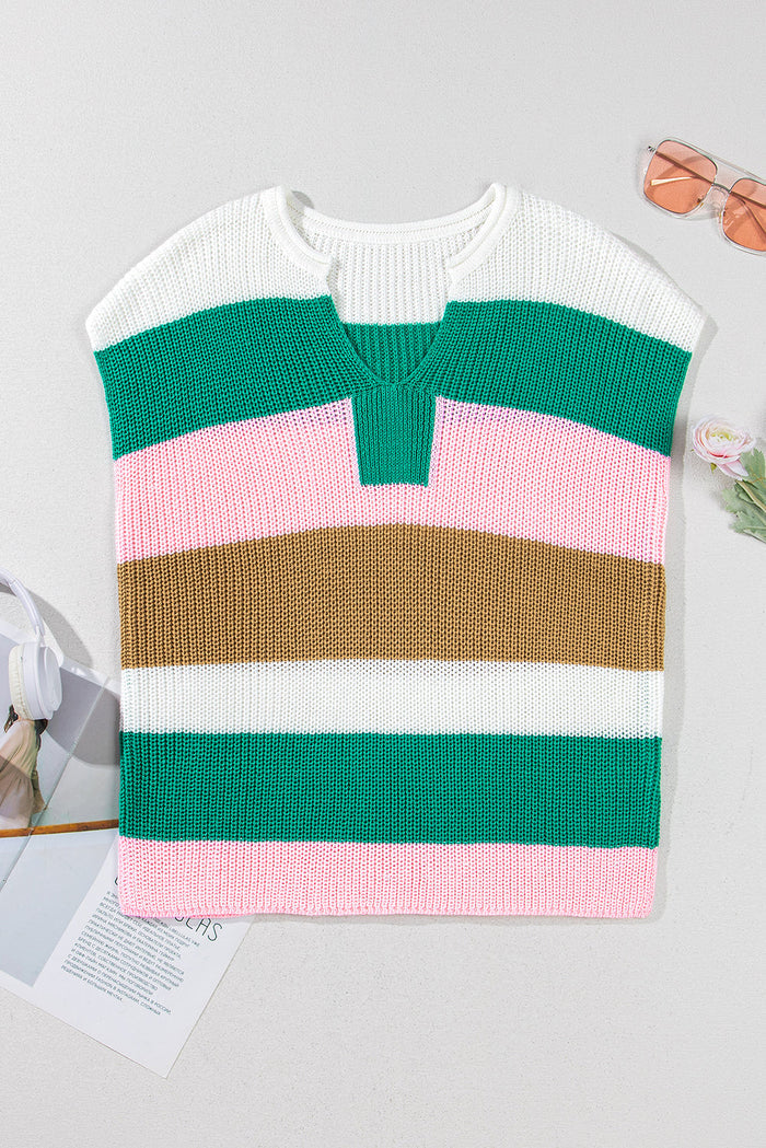 Multicolour Colour Block Notch V Neck Sweater Top - Sweaters & Cardigans/Short Sleeve
