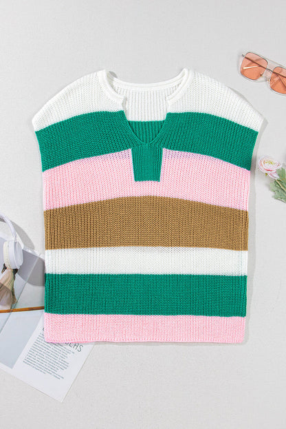 Multicolour Colour Block Notch V Neck Sweater Top - Sweaters & Cardigans/Short Sleeve