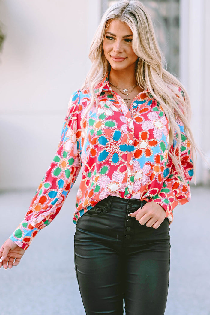 MultiColour Floral Print Bubble Sleeve Shirt - MULTICOLOR / S / 100% POLYESTER - Tops/Blouses & Shirts