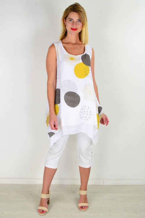 Mustard circle sleeveless tunic top by La Mode, showing front view with round neckline and relaxed fit.