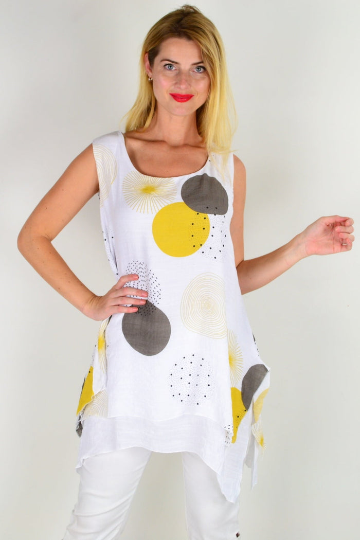 Mustard circle sleeveless tunic top by La Mode, shown on a hanger with a relaxed fit and round neckline.