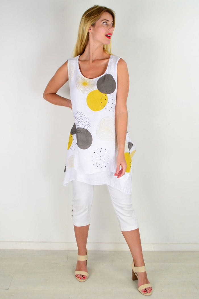 Yellow mustard circle sleeveless tunic top by La Mode, featuring a relaxed fit and round neckline, displayed on a plain background.
