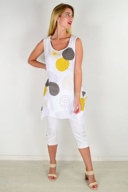 Yellow mustard circle sleeveless tunic top by La Mode, featuring a relaxed fit and round neckline, displayed on a plain background.