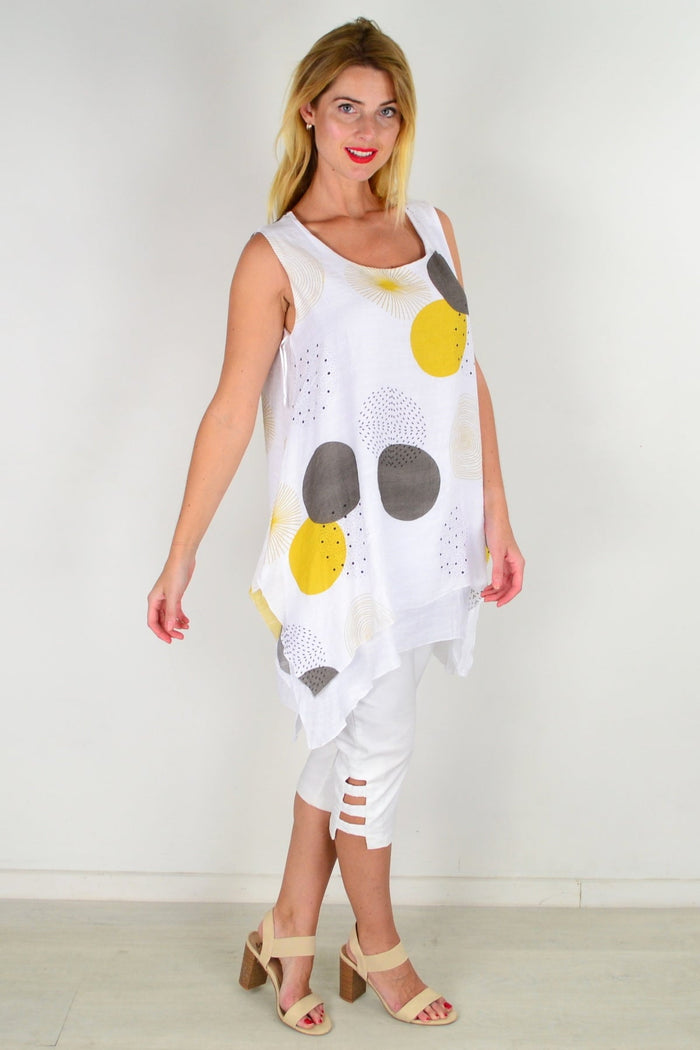 Mustard circle sleeveless tunic top by La Mode, casual sleeveless tunic with a round neckline and relaxed fit.