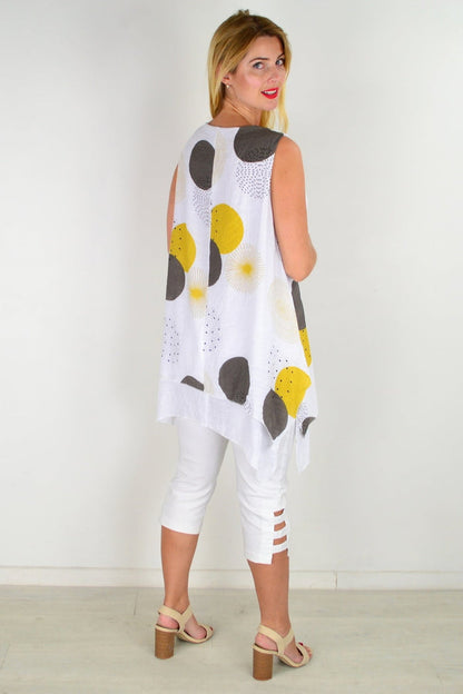 Mustard circle sleeveless tunic top by La Mode, front view showing round neckline and relaxed fit.
