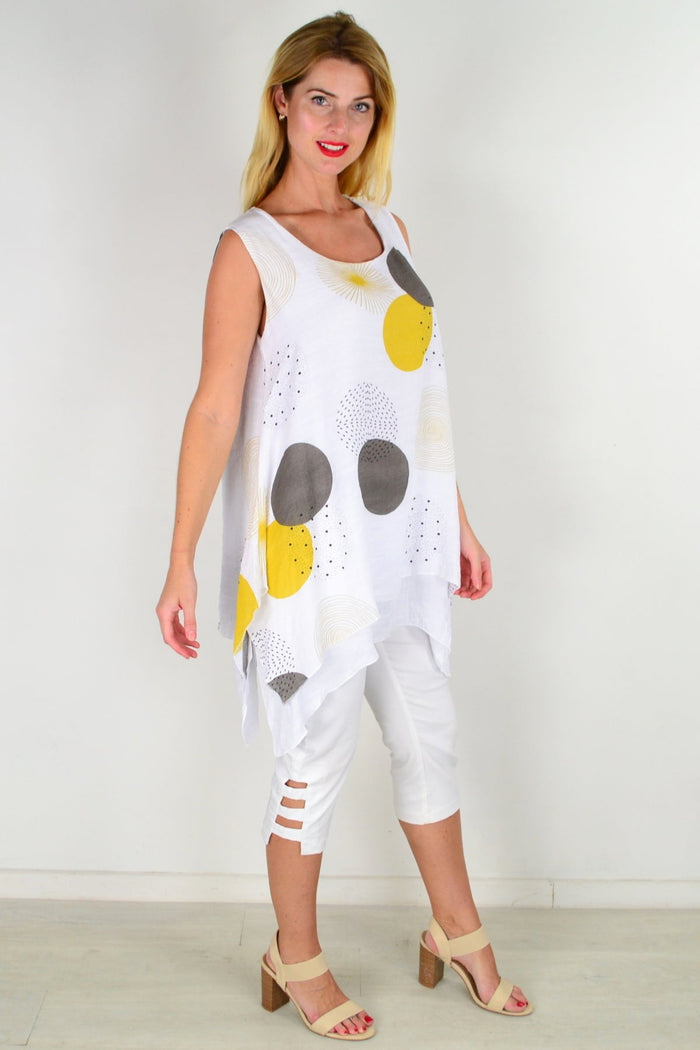 Mustard circle sleeveless tunic top from La Mode featuring a relaxed fit and casual style, shown on a hanger.