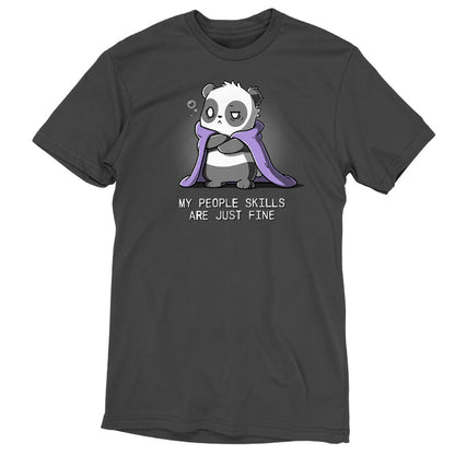 Premium Cotton T-shirt_TeeTurtle charcoal gray My People Skills Are Just Fine apparel featuring a panda crossing its arms, making a disgruntled face, and a purple blanket draped around its shoulders. Caption reads, "my people skills are just fine".
