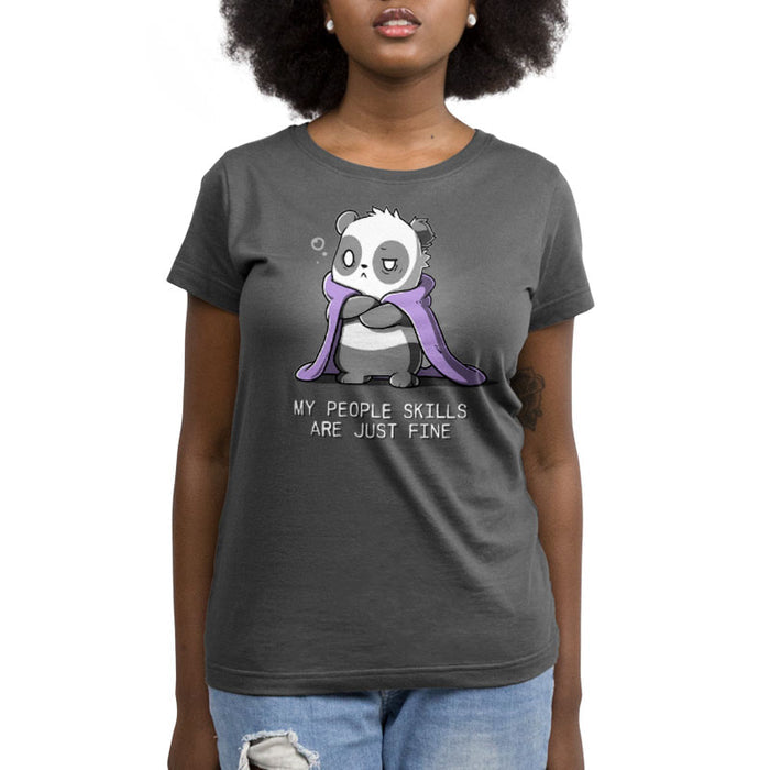 Premium Cotton T-shirt_TeeTurtle charcoal gray My People Skills Are Just Fine apparel featuring a panda crossing its arms, making a disgruntled face, and a purple blanket draped around its shoulders. Caption reads, "my people skills are just fine".