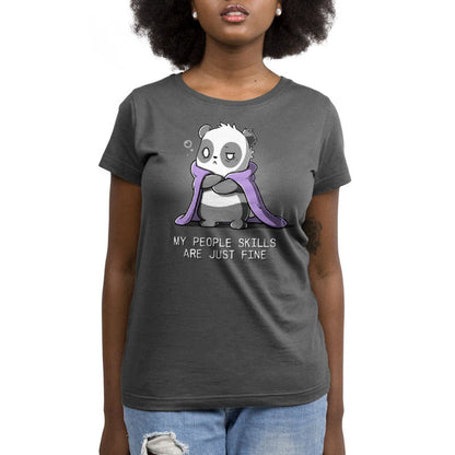 Premium Cotton T-shirt_TeeTurtle charcoal gray My People Skills Are Just Fine apparel featuring a panda crossing its arms, making a disgruntled face, and a purple blanket draped around its shoulders. Caption reads, "my people skills are just fine".