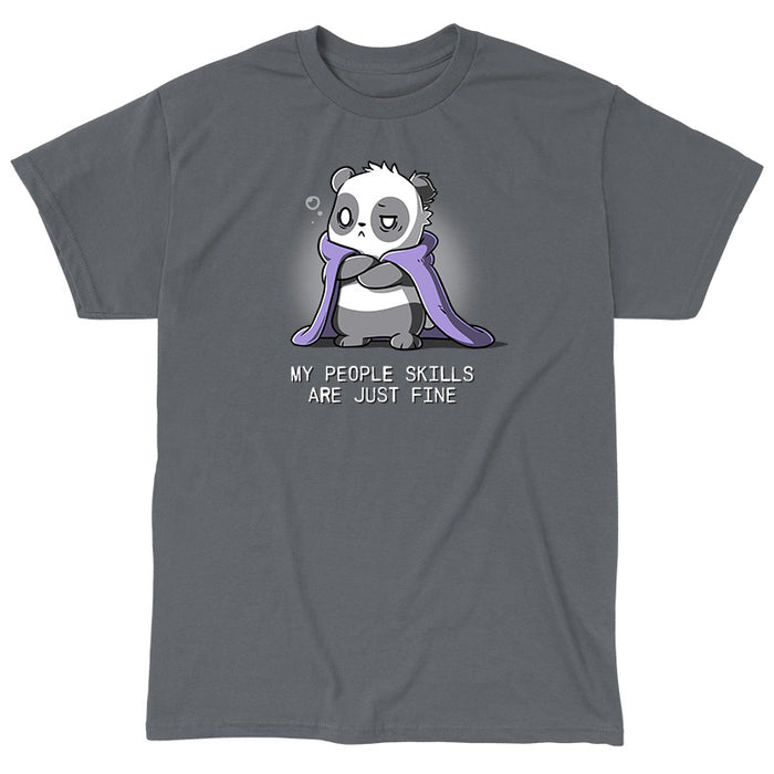 Classic Cotton T-shirt_TeeTurtle charcoal gray My People Skills Are Just Fine apparel featuring a panda crossing its arms, making a disgruntled face, and a purple blanket draped around its shoulders. Caption reads, "my people skills are just fine".