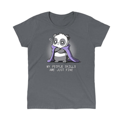 Classic Cotton T-shirt_TeeTurtle charcoal gray My People Skills Are Just Fine apparel featuring a panda crossing its arms, making a disgruntled face, and a purple blanket draped around its shoulders. Caption reads, "my people skills are just fine".