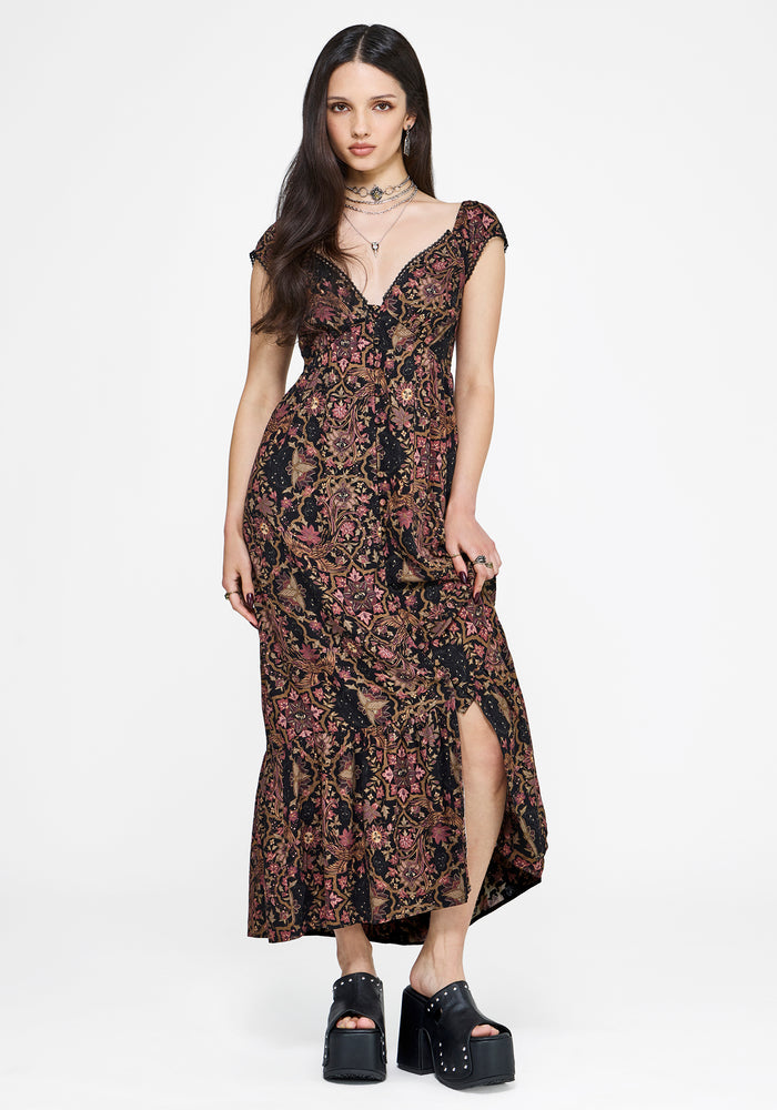 Mythos Print Milkmaid Smock Midaxi Dress