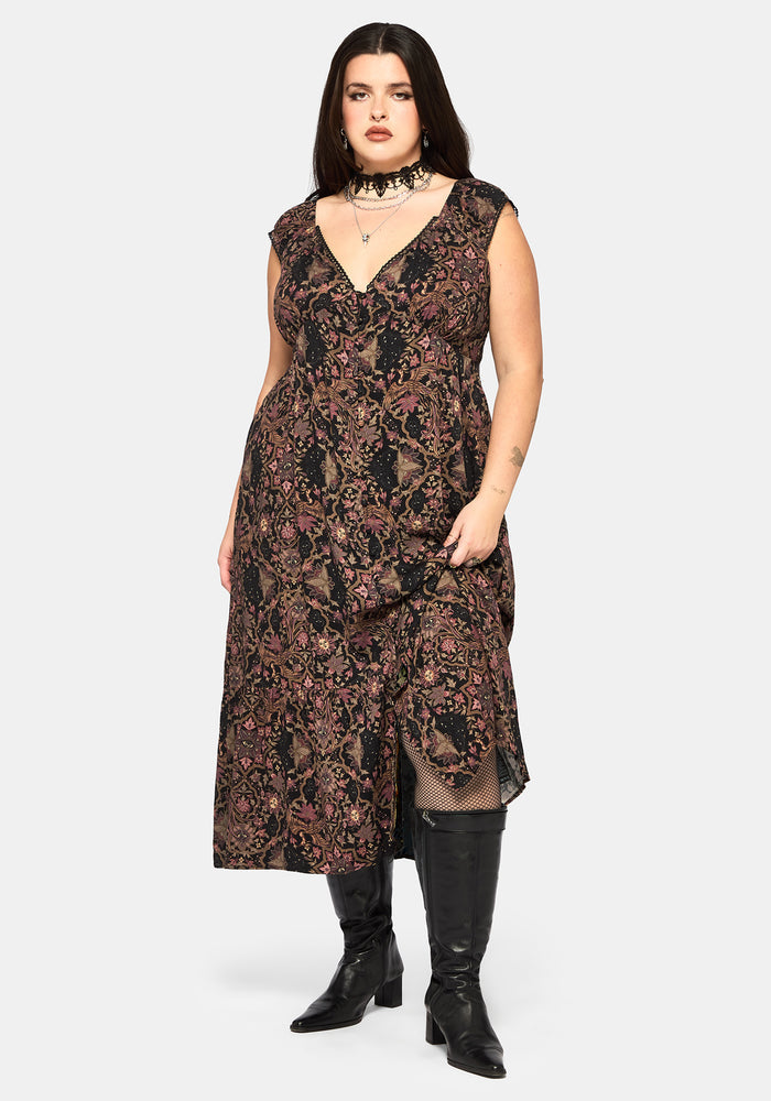 Mythos Print Milkmaid Smock Midaxi Dress