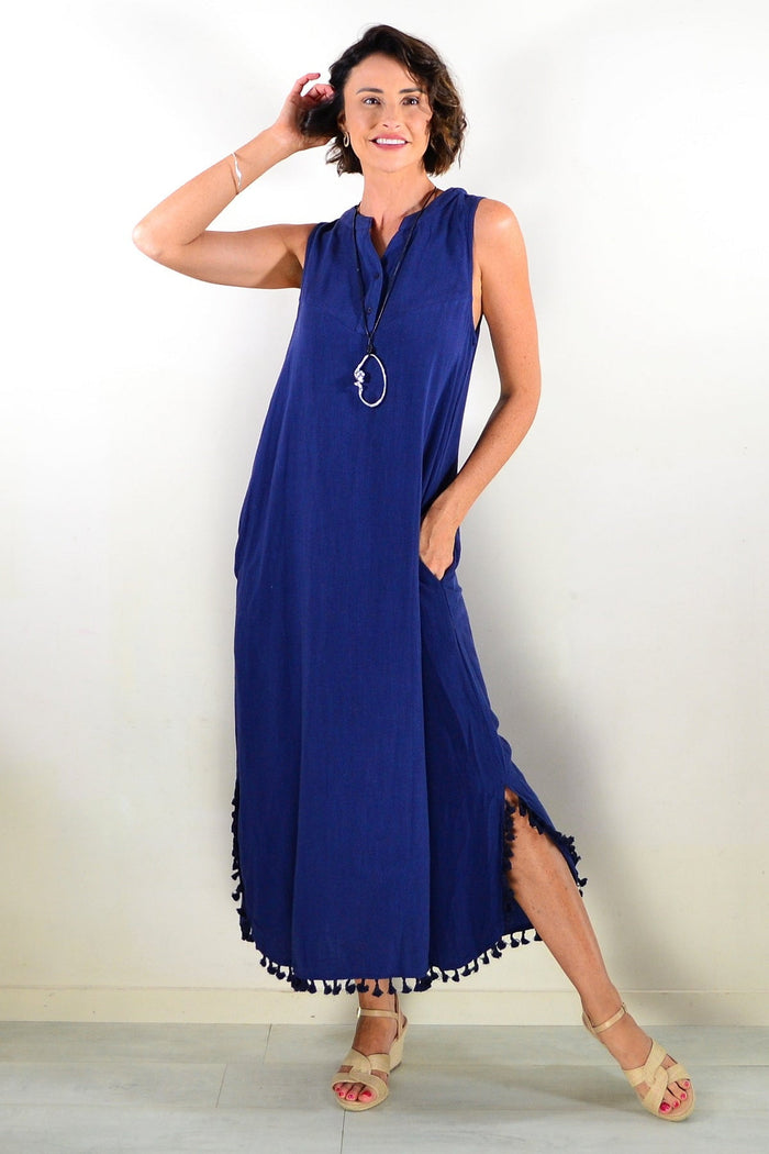 Navy sleeveless maxi dress tunic by Willow Tree, flowing fabric, V-neck, and relaxed fit showcased on a model.
