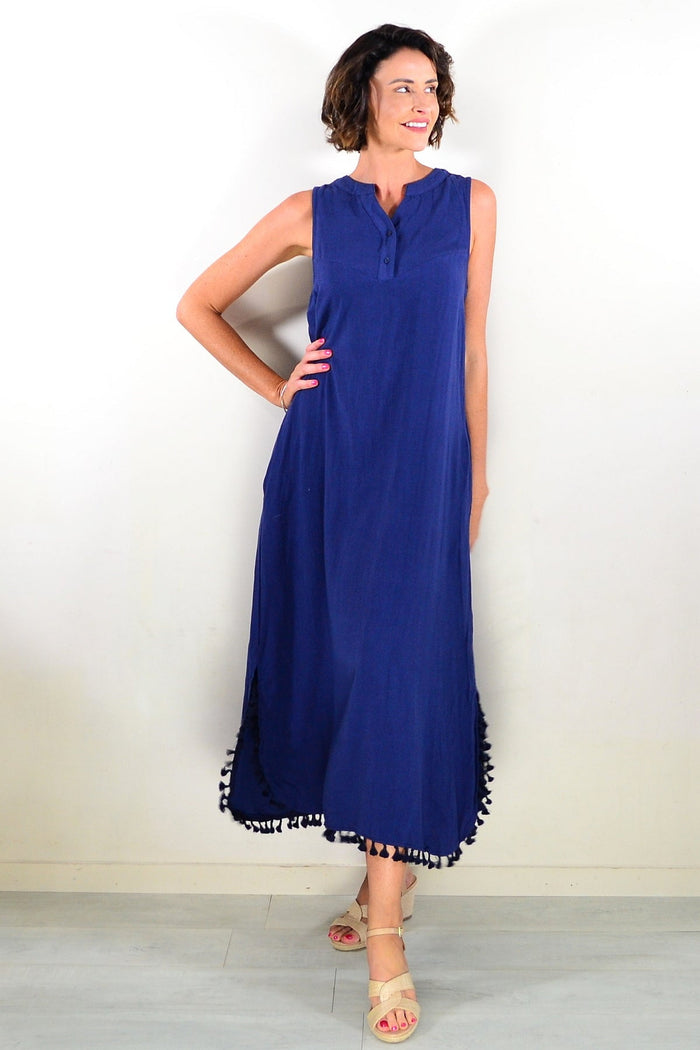 Willow Tree navy sleeveless maxi dress tunic with flowing fabric and V-neck, displayed on a hanger against a neutral background.